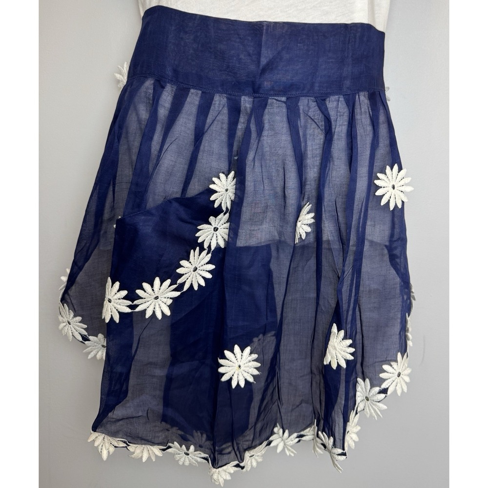 Handmade Navy Sheer Organza Hostess Half Apron Daisy Appliqués READ NOTE